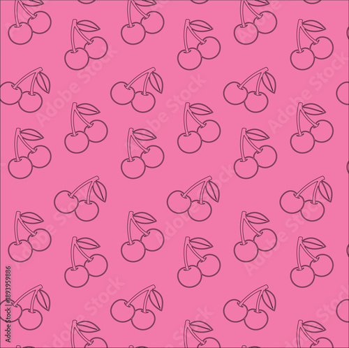 Seamless cherry fruit line art pattern pink background design