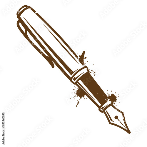 Vintage Grunge texture Brown ink pen with splatters on white background  writing instrument with nib and ink splashes