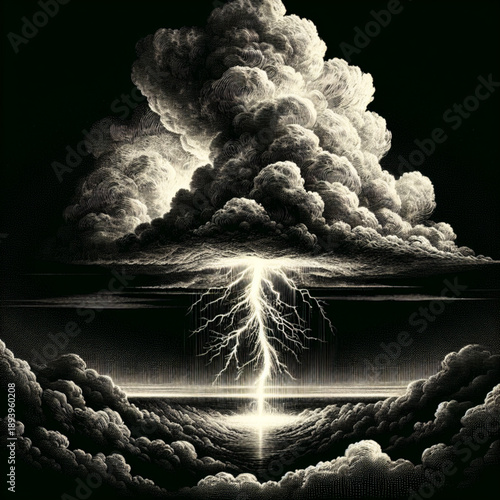 Celestial Fury: A breathtaking illustration depicts a colossal thundercloud, birthing a powerful lightning strike that pierces through the darkness. 