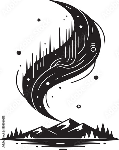 Black tribal vector illustration of a pirate ship sailing on the ocean with nature and animal elements