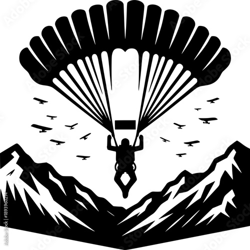 soaring silhouette in air: The image showcases a fearless skydiver in a high-altitude jump against a breathtaking mountain range backdrop, the parachute billowing gracefully as they descend.