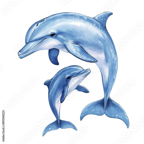 watercolor graphic of A Mother Dolphin With Her Kid, isolated on a white background.