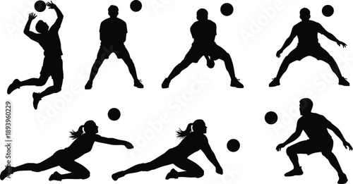 Large set of black and white silhouettes featuring male and female volleyball players jumping serving and diving for professional sports and athletic training designs