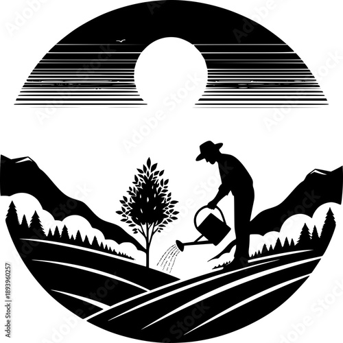 A Gardener Nurturing the Earth: Silhouette of a gardener tending to the land, watering a tree and cultivating the landscape within a stylized, nature-inspired design.