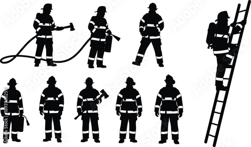 Large set of black and white silhouettes featuring professional firefighters with equipment including hose axe extinguisher and ladder for emergency rescue and safety designs