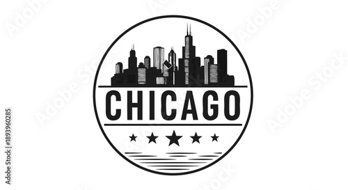 Stylized city skyline vector illustration badge with urban architecture and decorative stars, excellent for logos, travel designs, and graphic projects, available as an 8.eps file