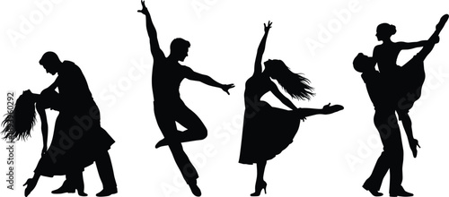 Large set of black and white silhouettes featuring professional male and female dancers performing elegant ballroom dance moves and ballet poses for theatrical arts concepts