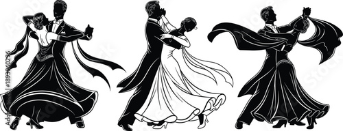 Large set of black and white silhouettes featuring professional male and female ballroom dancers performing elegant classical dance moves and graceful waltz poses for theatrical arts
