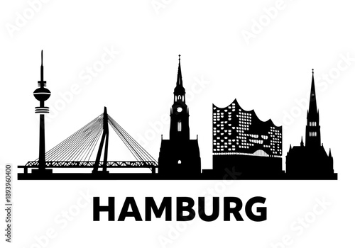 Striking black vector illustration of the iconic Hamburg city skyline silhouette, showcasing famous landmarks and diverse architectural elements, perfect for various travel and urban design projects