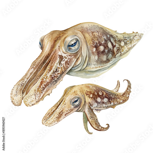 A Mother Cuttlefish With Her Kid, beautiful watercolor illustration with vivid colors and detailed vector style, isolated on a white background.