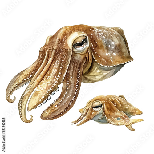 A Mother Cuttlefish With Her Kid, beautiful watercolor illustration with vivid colors and detailed vector style, isolated on a white background.