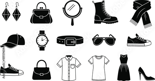 Large set of black and white vector icons featuring various fashion accessories including jewelry handbags shoes watches sunglasses and clothing for retail and style designs