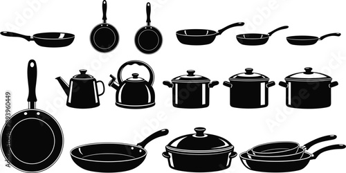 Large set of black and white vector icons featuring professional cookware including various frying pans cooking pots and kettles for kitchenware and culinary designs