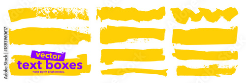 Yellow highlighted brush drawn text box set. Hand drawn bold rectangle strokes with dry grunge texture for text information. Funky highlight stripes.Vector quote boxes or frames.