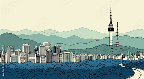Urban cityscape vector illustration depicting a modern metropolis with towering buildings, surrounded by serene mountains and an iconic communication tower