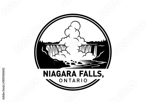 Dynamic black and white vector illustration of a powerful waterfall scene, capturing the majestic natural beauty of Niagara Falls in an iconic badge graphic