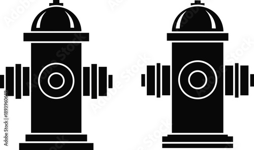 Pair of black and white fire hydrant silhouettes for urban safety firefighting equipment emergency water supply and street infrastructure design elements in vector style