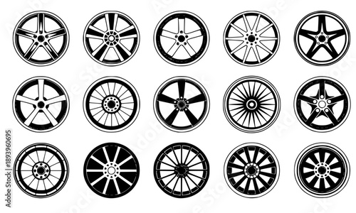 Comprehensive set of car rim icons featuring various alloy wheel designs and spoke patterns in black and white vector format for automotive service and tire shop branding.