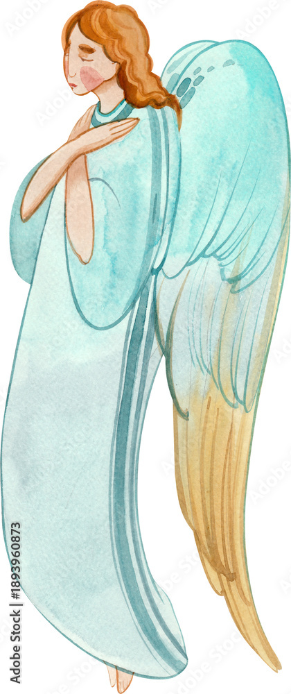 Fototapeta premium Watercolor drawing an angel woman with serene expression on transparent background. Divine angelic illustration for spiritual card.