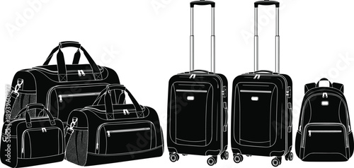 Set of black and white silhouettes featuring various travel bags including rolling suitcases duffel bags and a backpack for tourism vacation and luggage concepts