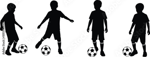 Set of black and white silhouettes featuring young boys playing soccer and practicing ball control skills for youth sports programs and athletic training designs