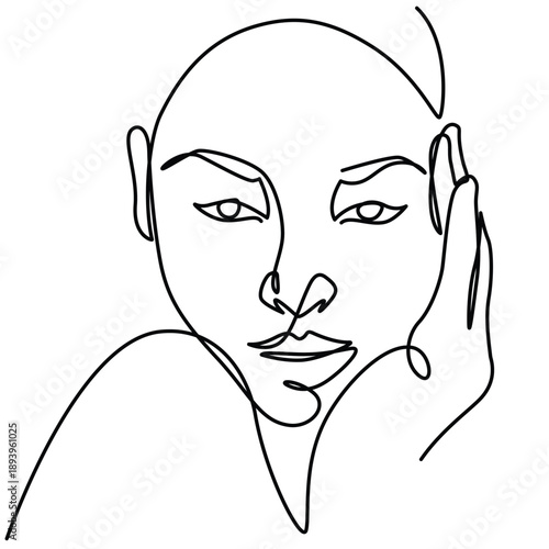 Young woman hand on cheek one line drawing. Young woman hand on cheek single line illustration. Young woman hand on cheek minimalist line art