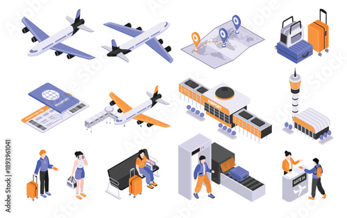 Airport travel original elements set in isometric illustration