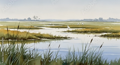 Serene Watercolor Painting of a Coastal Marsh Landscape with Reeds and Distant Heron.
