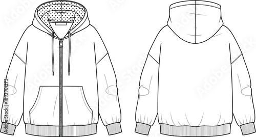 Technical line drawing of a women's oversized zip up hoodie sweatshirt with drawstring hood front pockets and polka dot lining for fashion apparel design pattern
