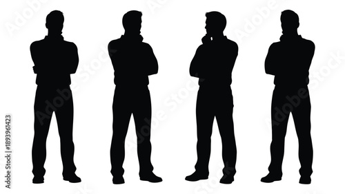 Four silhouetted men standing in different poses appearing thoughtful and contemplative