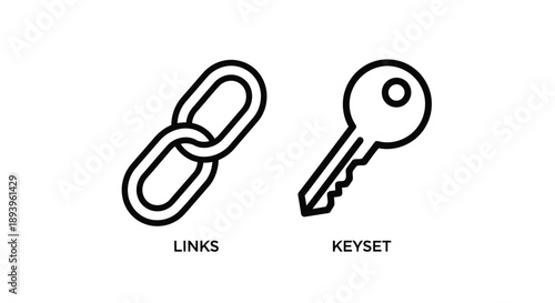 Simple key and chain icons in minimalist style with black outline on white background for web design