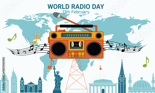 World Radio Day 13th February global broadcast concept; retro boombox transmitting music waves over a world map and famous international city skylines.