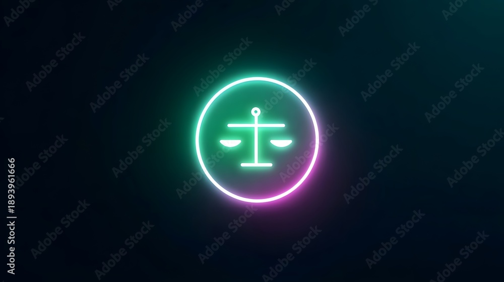Fototapeta premium Modern neon icon depicting the scales of justice illuminated with a vibrant green to purple gradient symbolizing fairness legality and balanced decisions against a deep dark backdrop