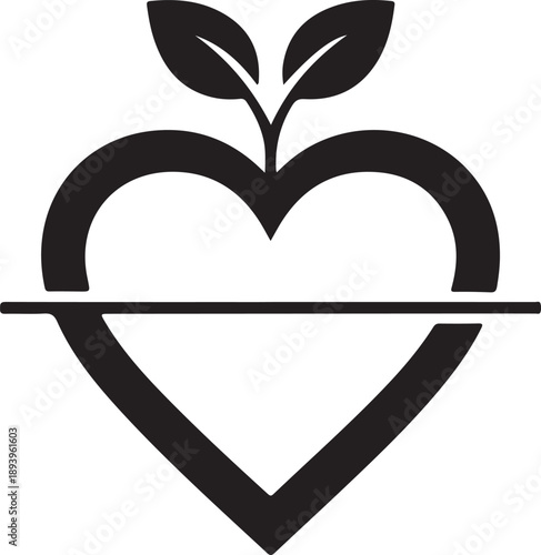 A minimalistic heart icon with a growing plant sprout and a dividing line for health and wellness