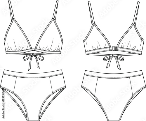 Technical line drawing of a women's two piece bikini set with triangle top front tie and high waisted bottom for fashion apparel design pattern making