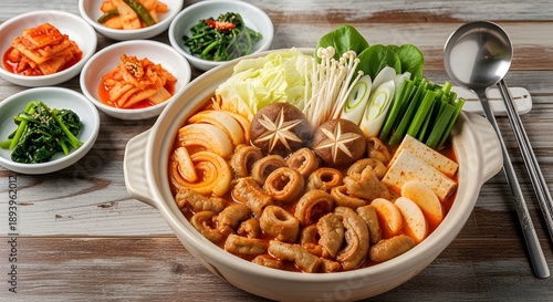 A premium presentation of Korean Gopchang Jeongol. Features beef intestines, shiitake, enoki, and fresh greens simmering in a spicy red broth with traditional side dishes.