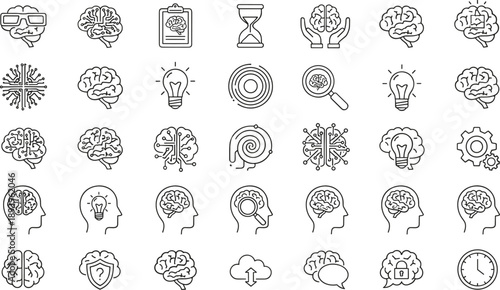 Brain and psychology line icon set with creative thinking, intelligence, mental health and neuroscience symbols collection