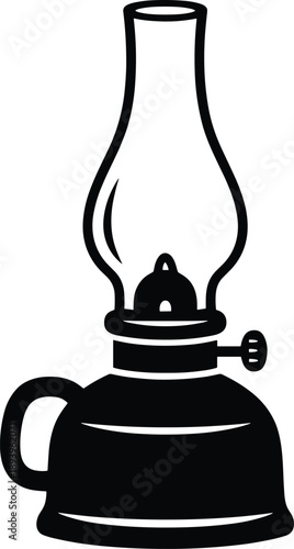 Minimalist black and white vector icon of a vintage oil lantern with a small lit flame.