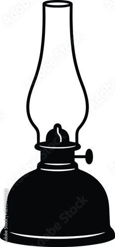 Minimalist black and white vector icon of a vintage oil lantern with a small lit flame.