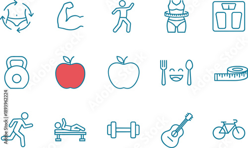 Fitness and healthy lifestyle line icon set with workout, nutrition, weight loss, sports and wellness symbols