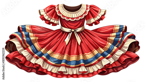 Very beautiful close-up of a classic American square dance women’s dress with ruffled fabric and decorative stitching, isolated on white background, celebrating folk tradition and festive cultural fas