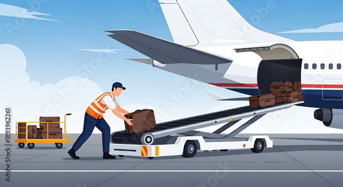 Airport ground crew efficiently loading passenger luggage onto a large commercial airplane using a motorized conveyor belt during pre-flight preparations for air travel