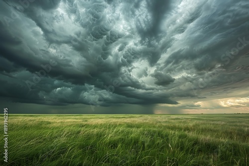 Majestic prairie landscape under a dramatic tempestuous sky evoking a sense of impending change