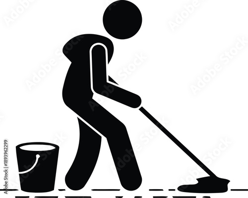 Silhouette of a Janitor Mopping the Floor with Bucket for Cleaning Services