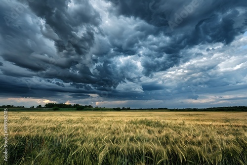 Ominous clouds gather above golden fields, presaging a powerful storm approaching a serene landscape