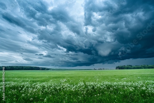 Dramatic skyscape featuring impending storm clouds over an expansive green field landscape