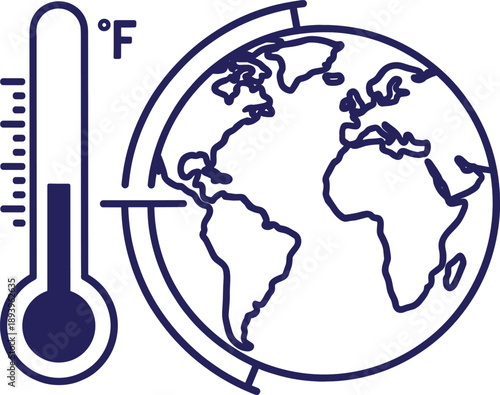 Global warming and climate change icon with thermometer and earth outline symbol for temperature increase concept