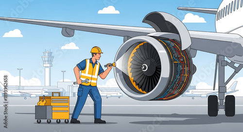 Expert aviation mechanic conducting thorough aircraft maintenance and diagnostic checks on a large commercial airplane engine at an airport facility, emphasizing safety protocols for flight readiness