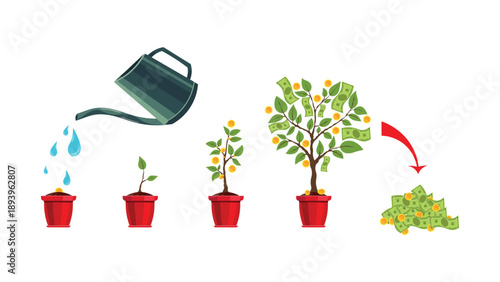 Set of money tree growth in cartoon style. Vector illustration of stages of money tree growth, watering can, tree pots with leaves, gold coins, piles of dollar bills, isolated on white background.
