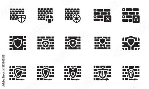 Collection of firewall icons representing network security and protection systems with shields and brick wall elements symbolizing digital defense barriers and cyber safety measures